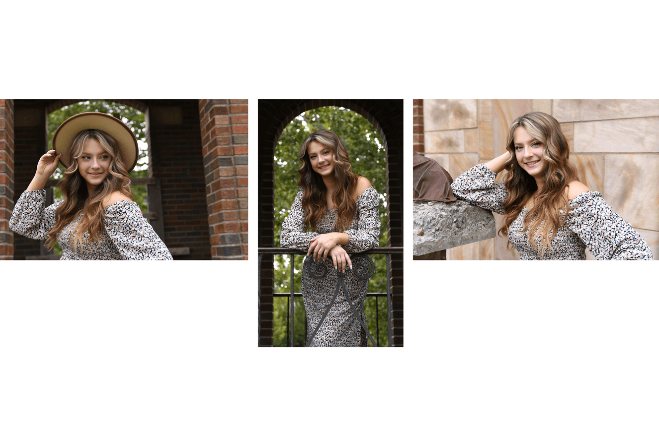 A collage of a senior gal in a straw hat on the campus of the University of Iowa.