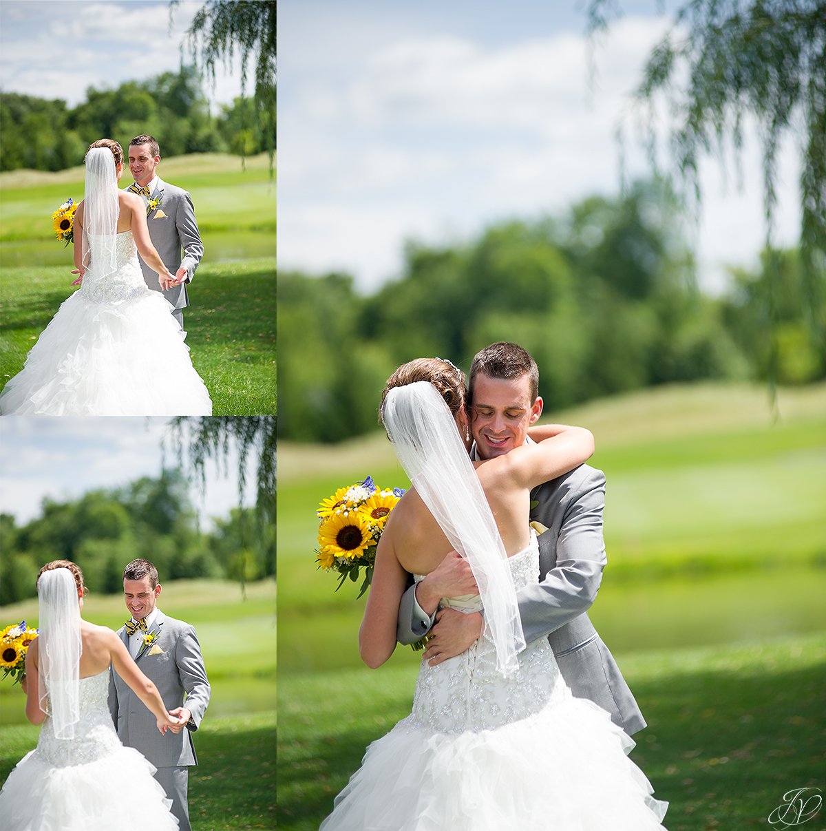 bride and groom first look at Timberlodge at Arrowhead Golf Club